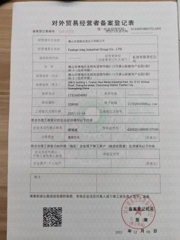License Photo certificate of Foshan Intej Industrial Group Co., Ltd – certificate photo, supplier certificates section