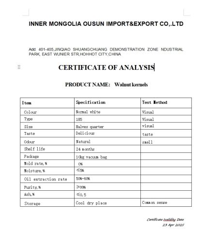 COA certificate from Inner Mongolia Ousun Import&Export Co, . Ltd