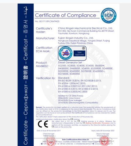 GENERATOR CE certificate from CHINA XINGXIN MECHANICAL & ELECTRICAL CO. LTD