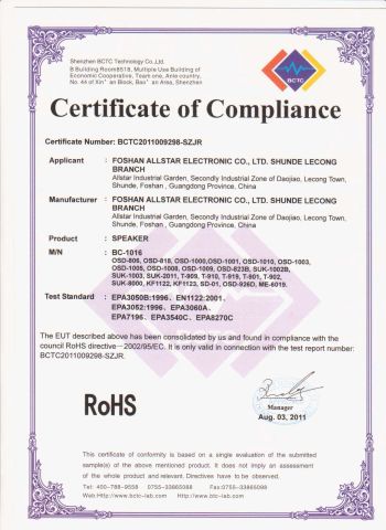 RoHS certificate certificate of ZhongShan Camino Lighting Co., Ltd. – certificate photo, supplier certificates section