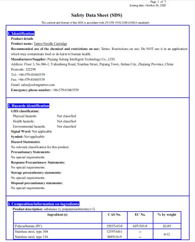 SDS of Tattoo Needle cartridges US certificate from Hangzhou Solong Technology Co., Ltd.
