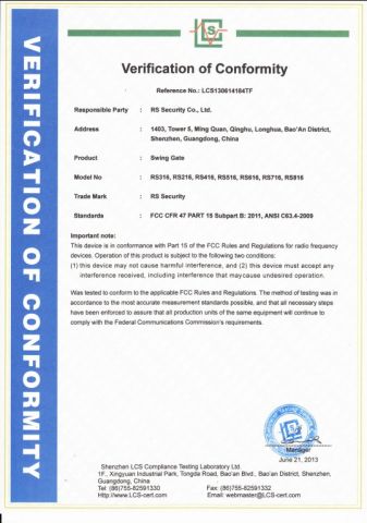 FCC certificate from RS Security Co., Ltd.