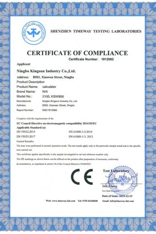 CE for Digital Calculator certificate of Ningbo Ftz Kingsun Industry Co., Ltd. – certificate photo, supplier certificates section
