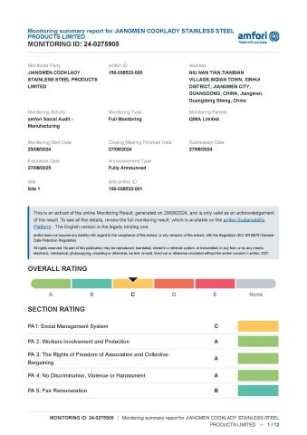 BSCI certificate of JIANGMEN COOKLADY STAINLESS STEEL PRODUCTS LIMITED – certificate photo, supplier certificates section