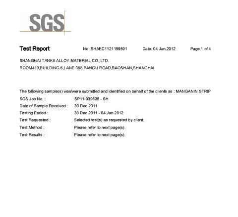 RoHS of Manganin Strip certificate from Shanghai Tankii Alloy Material Co., Ltd.