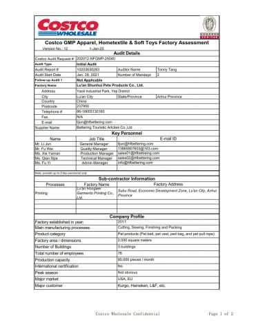Costco Audit Report certificate from Bettering Tourist Articles Co., Ltd.