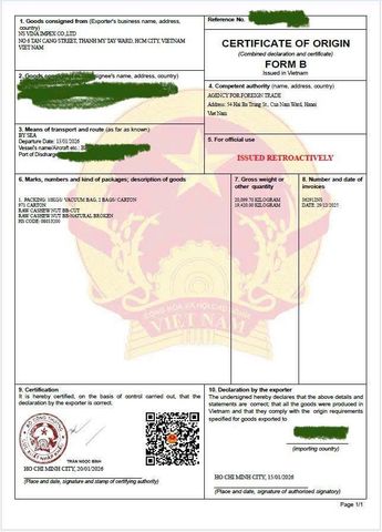 CERTIFICATE OF ORIGIN certificate from NS VINA IMPORT EXPORT TRADING MANUFACTURING COMPANY LIMITED