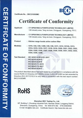 Cretifcate of Conformity certificate from CY Spraying & Purification Technology Limited