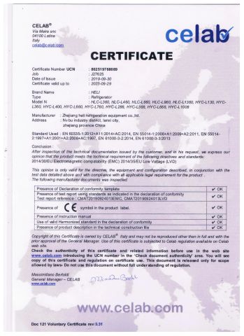 CELAB certificate from Zhejiang Heerxin Refrigeration Appliance Technology Co., Ltd.