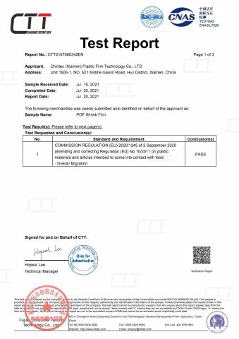 EU Certificate of POF Shrink Film certificate from Chintec (Xiamen) Plastic Film Technology Co., Ltd.