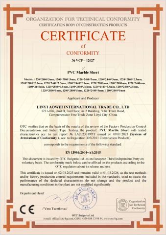 CE for PVC marble sheet certificate from Shandong Aowei New Material Co., Ltd.