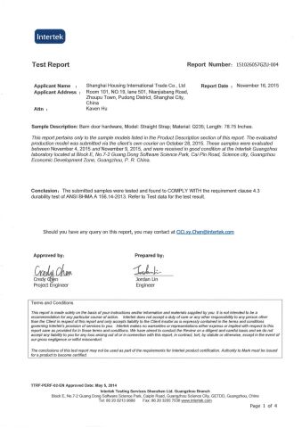 Barn Door Hardware Test Report certificate from Shanghai Housing International Trade Co., Ltd.