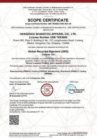 Global Recycled Standard (GRS) certificate from Hangzhou Shangyou Apparel Co., Ltd.