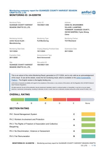 BSCI Certificate certificate of Guangze County Harvest Season Crafts Co., Ltd. – certificate photo, supplier certificates section