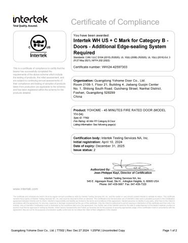 WH certificate from Guangdong Yohome Door Co., Ltd.