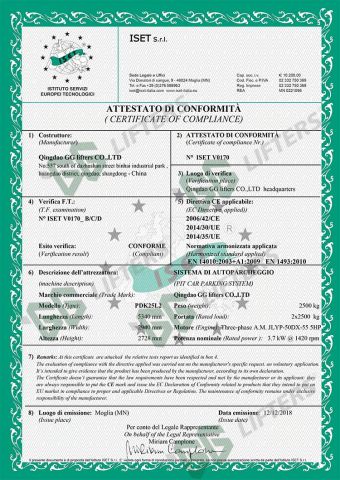CE parking lift certificate from QINGDAO CHERISH PARKING EQUIPMENT CO., LTD