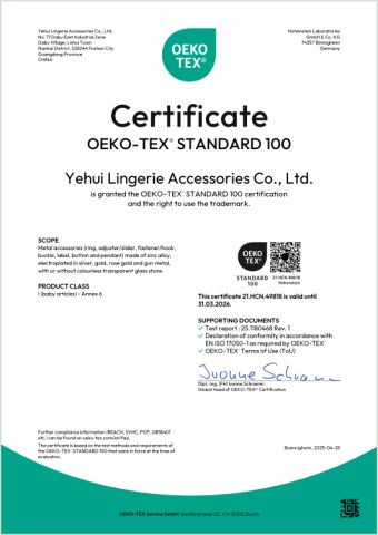 Oeko-Tex standard 100 certificate from Yehui Lingerie Accessories Co., Ltd