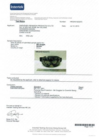 TEST REPORT OF SKIING GOGGLES certificate from Shenzhen Reanson Products Co., Ltd.