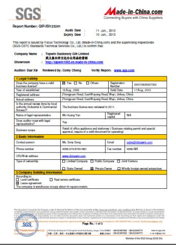 SGS certificate from Topwin Gift Limited