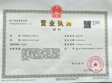 License Photo certificate of Ningbo Youqi Import and Export Co., Ltd. – certificate photo, supplier certificates section