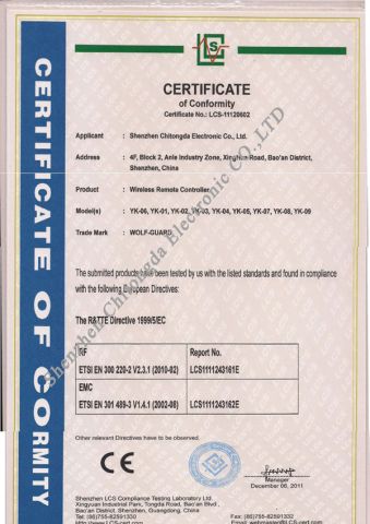 CE Cerficate for Remote Control in 2012 certificate from Shenzhen Chitongda Electronic Co., Ltd.