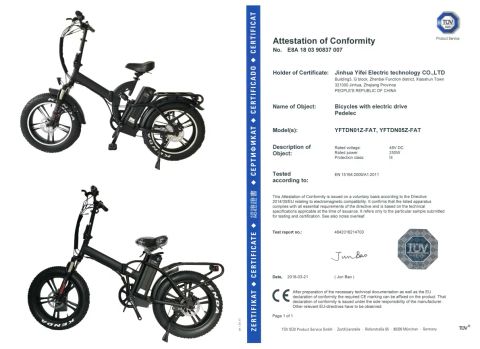 FAT EBIKES TUV EN CERTIFICATE certificate of JinHua YiFei Electric Technology Co., Ltd. – certificate photo, supplier certificates section