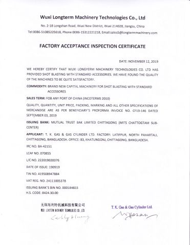 FACTORY ACCEPTANCE INSPECTION CERTIFICATE certificate from Wuxi Longterm Machinery Technologies Co., Ltd.