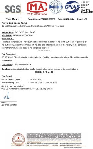 TEST-REPORT certificate of Pingyun Deco Material Co., Ltd. – certificate photo, supplier certificates section