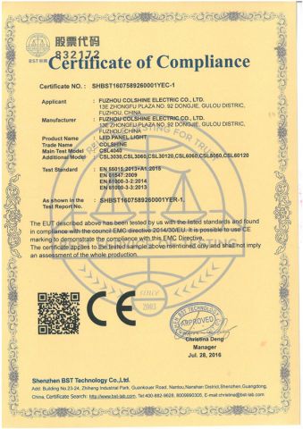 CE-EMC certificate of led panel light certificate from Fuzhou Colshine Electric Co., Ltd.