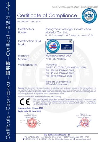 CE for high speed spiral door certificate from Zhengzhou Everbright Construction Material Co., Ltd.