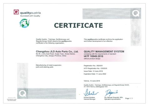 IATF 16949 certificate from Changzhou JLD Auto Parts Co., Ltd.