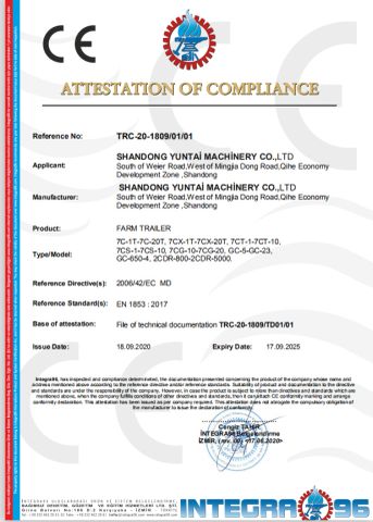 CE certificate of Shandong Yuntai Machinery Co., Ltd. – certificate photo, supplier certificates section