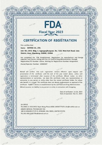FDA Certification certificate from Infitek Co., Ltd.