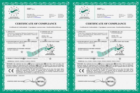 HMB excavator plate compactor and quick coupler CE certificate of Yantai Jiwei Construction Machinery Equipment Co., Ltd. – certificate photo, supplier certificates section