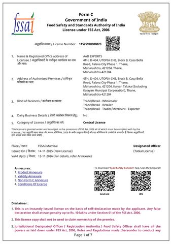 FSSAI certificate from AAD Exports