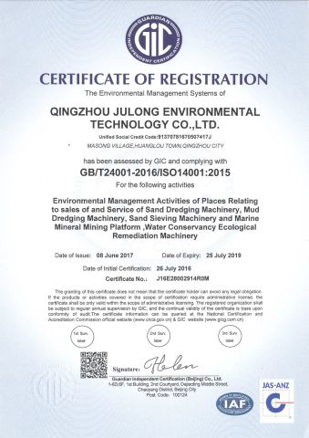 ISO14001:2015 certificate from Qingzhou Julong Environment Technology Co., Ltd.