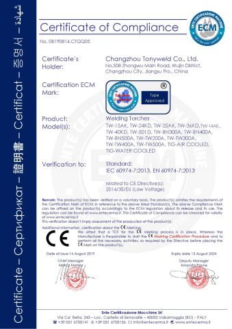CE certificate from Changzhou Tonyweld Group Co., Ltd.
