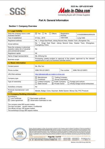 SGS certificate from Zhongshan JDL Metal Crafts Co., Ltd.