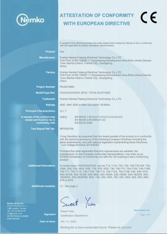 CE certificate from Foshan Jingshun Electrical Appliance Co., Ltd.