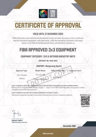 FIBA certificate from Beijing Qiangmeng Sports Development Co., Ltd