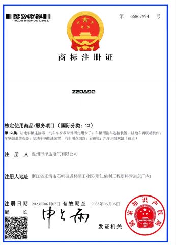 trade mark license certificate of Wenzhou Zeda Electric Co., Ltd. – certificate photo, supplier certificates section