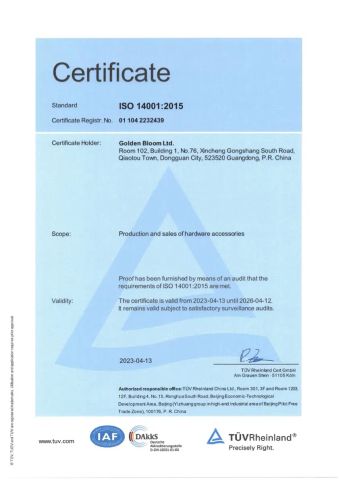 ISO14001 certificate from Golden Bloom Ltd.