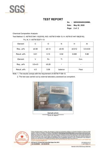 ASTM F136 Titanium Testing Report certificate from Qingdao Jurenxinyuan International Trade Co., Ltd.