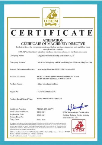CE certificate for Edge Banding Machine certificate from Qingdao Wardwin Industry and Trade Co., Ltd.