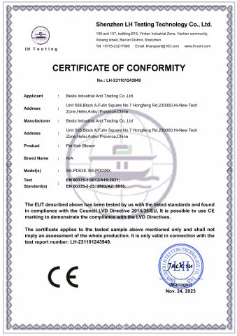 CE LVD of PET HAIR BLOWER certificate of Bests Industrial and Trading Co., Ltd – certificate photo, supplier certificates section