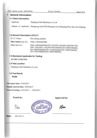 CE(2) certificate from Zhejiang Feida Machinery Co., Ltd.