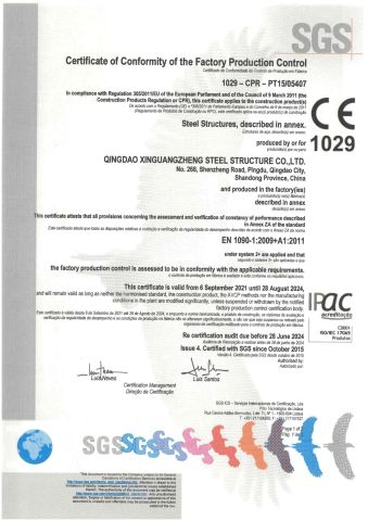 CE certificate certificate from Qingdao Xinguangzheng Consform steel structure Co., Ltd.