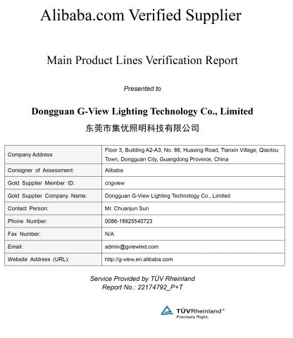 TUV certificate of Dongguan G-View Lighting Technology Co., Limited – certificate photo, supplier certificates section