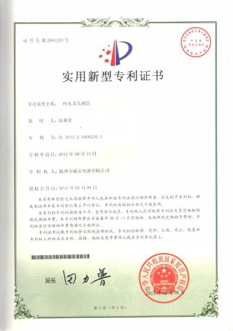 Patent Certificate certificate from Wenzhou Weibao Electric Co., Ltd.