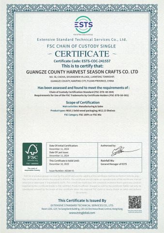 FSC certificate of Guangze County Harvest Season Crafts Co., Ltd. – certificate photo, supplier certificates section